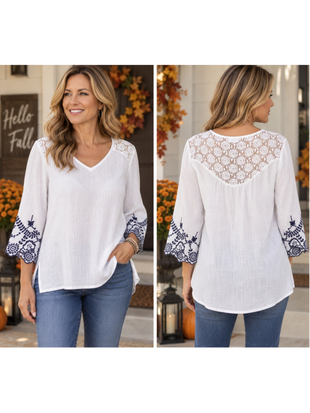 Women's Westport White Blouse with Navy Blue Embroidery, Size L
